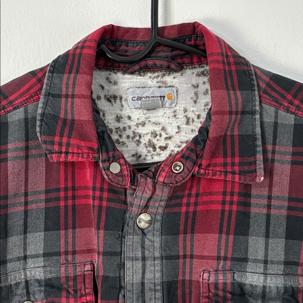 Carhartt Men's Red Black Plaid Flannel Shirt Jacket- Shacket Size‎ L Thrashed - Picture 8 of 14